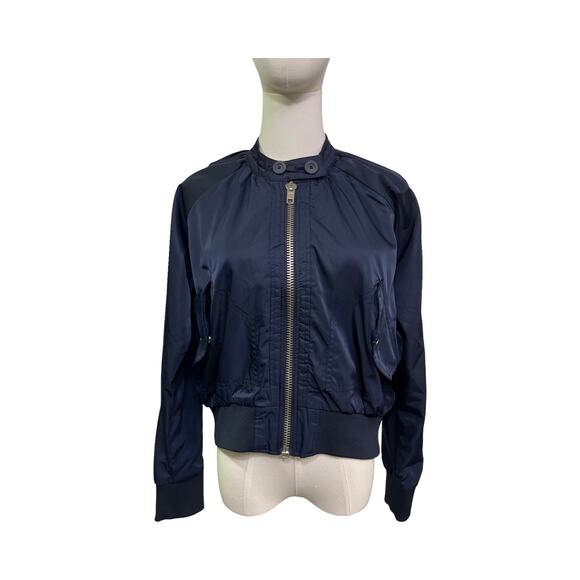 Free People Satin Bomber Jacket Navy Blue Size XS Lightweight Zip Front - Picture 1 of 8
